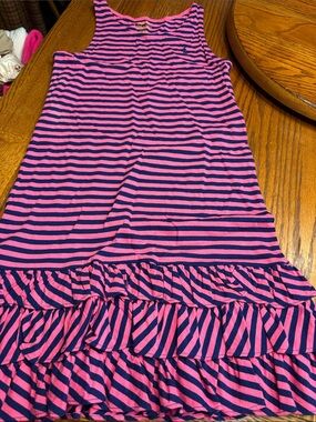 Polo by Ralph Lauren Girls Pink and Navy Striped Ruffle Dress